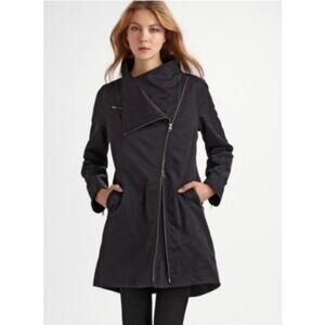 Eileen Fisher Mock Neck Black Jacket Coat Sz M Moto Asymmetric Zip Fleece Lined